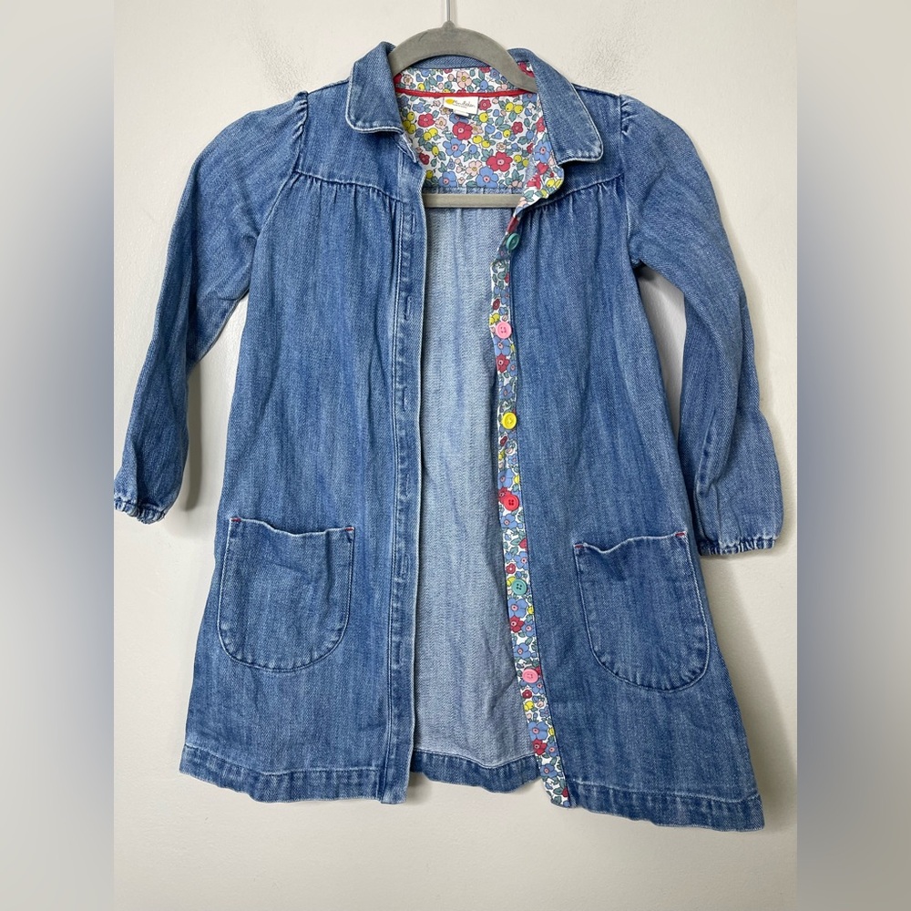 Mini Boden Denim Floral Trim dress Duster Long Sleeves Sz 6-7 like new - Picture 2 of 6